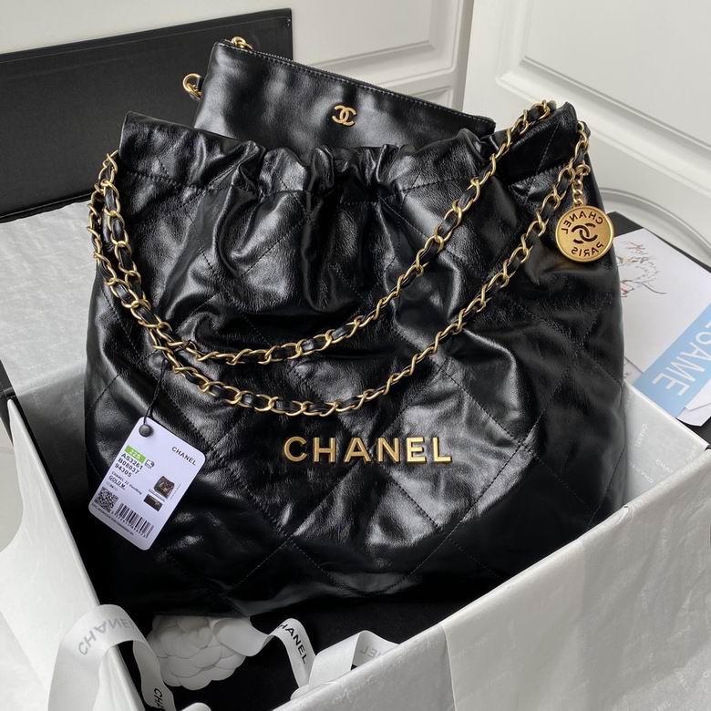 Chanel 22 Large Quilted Hobo Shoulder Bag in Black Shiny Calfskin