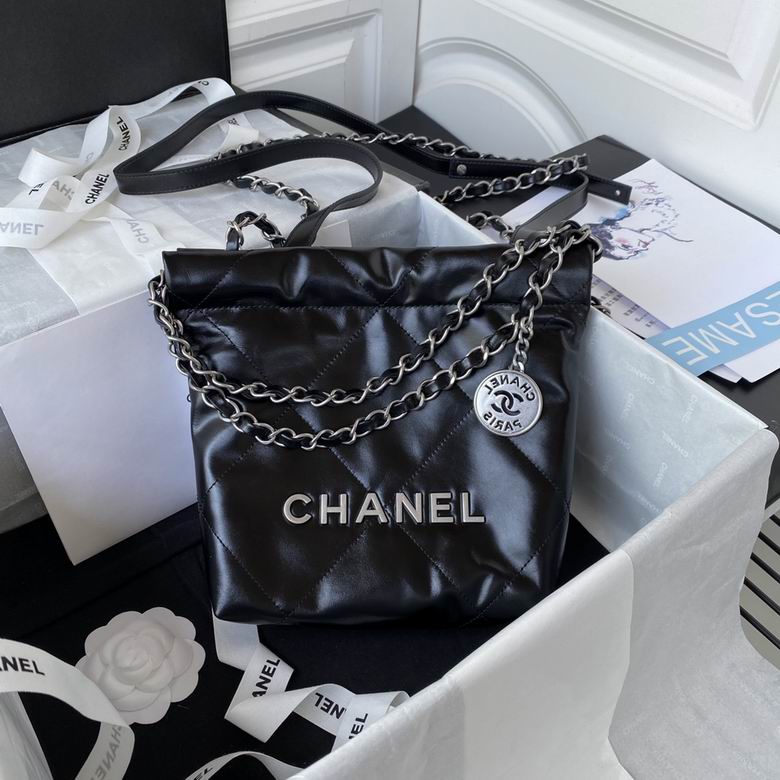 Chanel 22 Mini Drawstring Bucket Bag in Black Shiny Calfskin with Silver Hardware