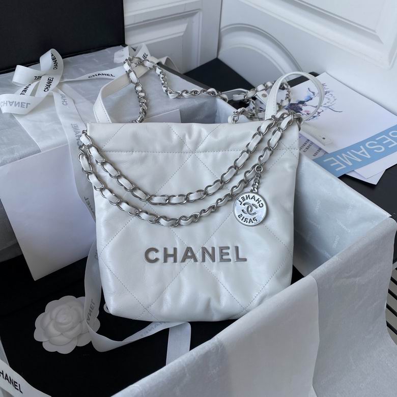 Chanel 22 Mini Quilted Hobo Bag in White Shiny Calfskin with Silver Hardware