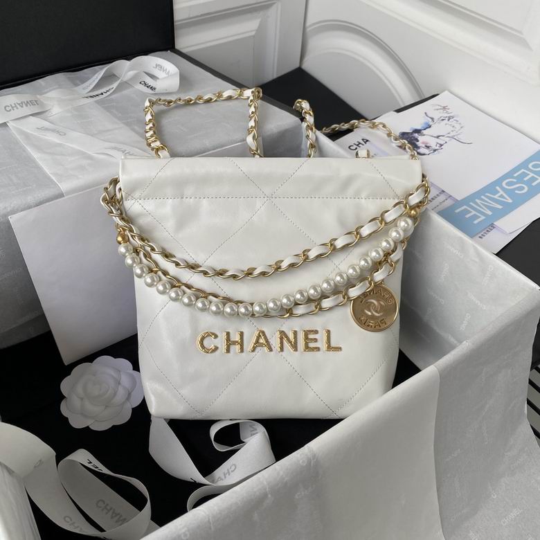Chanel 22 Mini Bag with Pearl Chain in White Quilted Leather