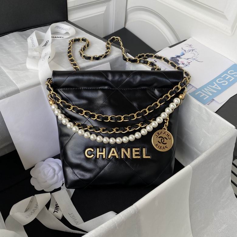 Chanel 22 Mini Bag in Black Quilted Leather with Pearl Chain and Gold Hardware