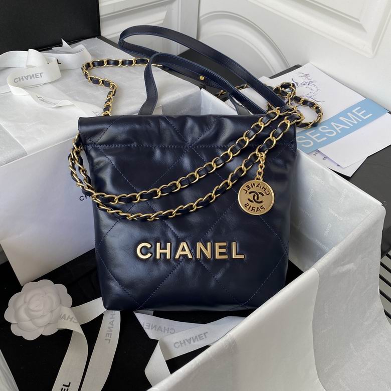 Chanel 22 Mini Handbag in Navy Quilted Shiny Calfskin with Gold Hardware