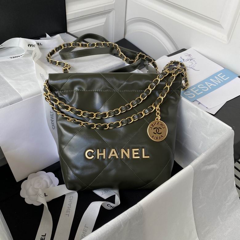 Chanel 22 Mini Quilted Chain Hobo Bag in Dark Green Shiny Calfskin