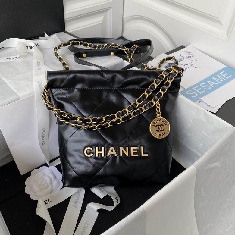 Chanel 22 Mini Quilted Chain Hobo Bag in Black Shiny Calfskin with Gold Hardware