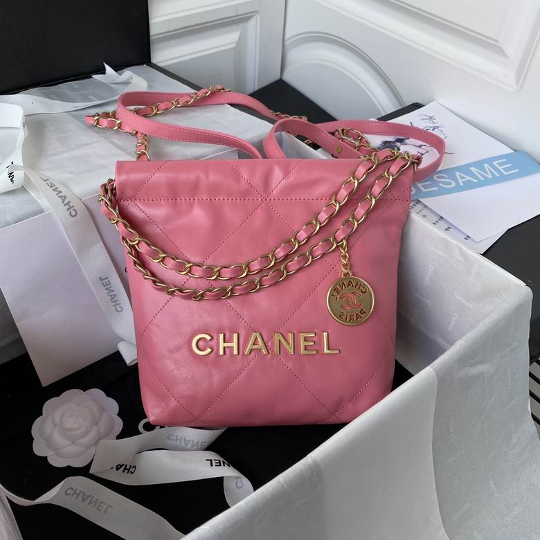 Chanel 22 Mini Quilted Handbag in Pink Shiny Calfskin with Gold Hardware