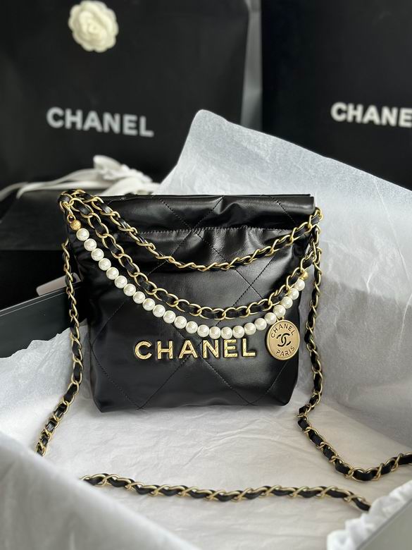 Chanel 22 Mini Hobo Bag with Pearl Chain in Black Shiny Calfskin