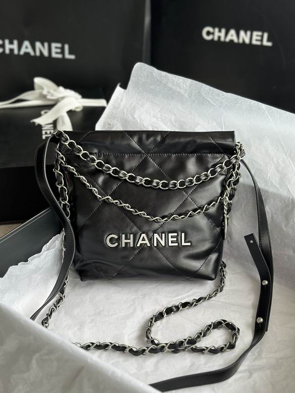 Chanel 22 Mini Hobo Bucket Bag in Black Quilted Shiny Calfskin