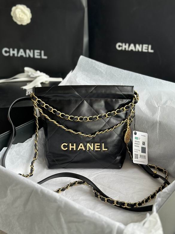 Chanel 22 Mini Hobo Bag in Black Quilted Leather with Gold-Tone Chain