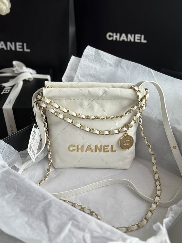 Chanel 22 Mini Quilted Hobo Bag in White Calfskin with Gold-Tone Hardware