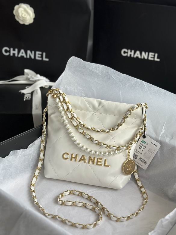Chanel 22 Mini Hobo Bag in White Quilted Leather with Pearls and Gold Chain