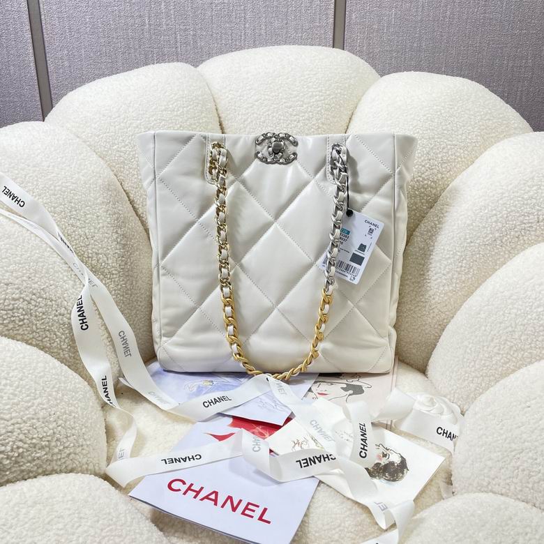 Chanel 19 Shopping Tote in White Quilted Leather with Mixed-Metal Chain Straps