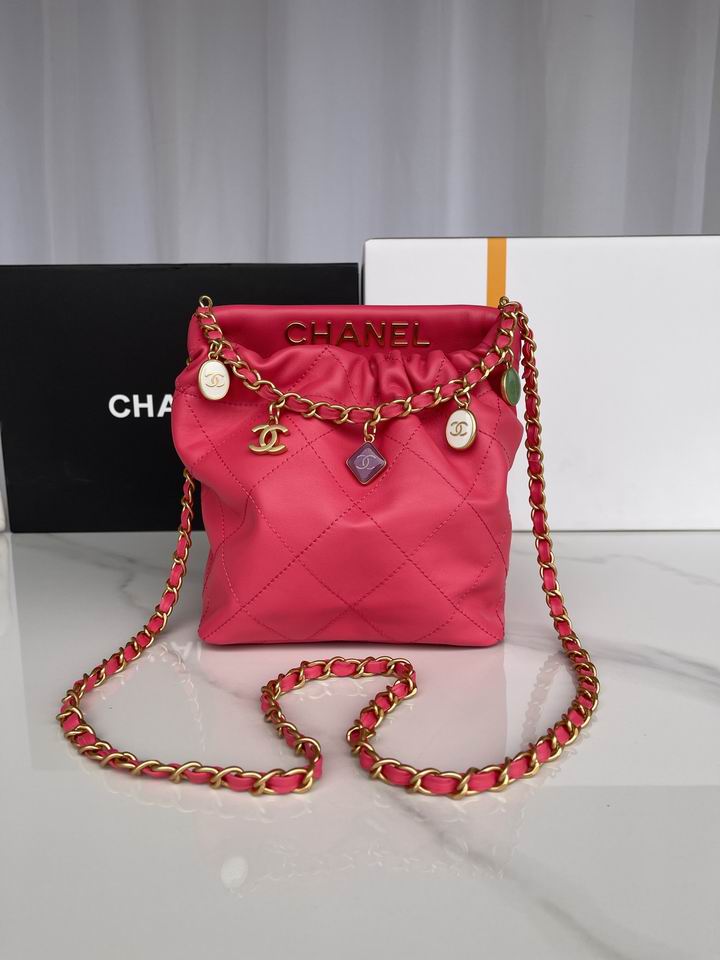Chanel Mini Drawstring Bucket Bag with Charms in Pink Quilted Leather