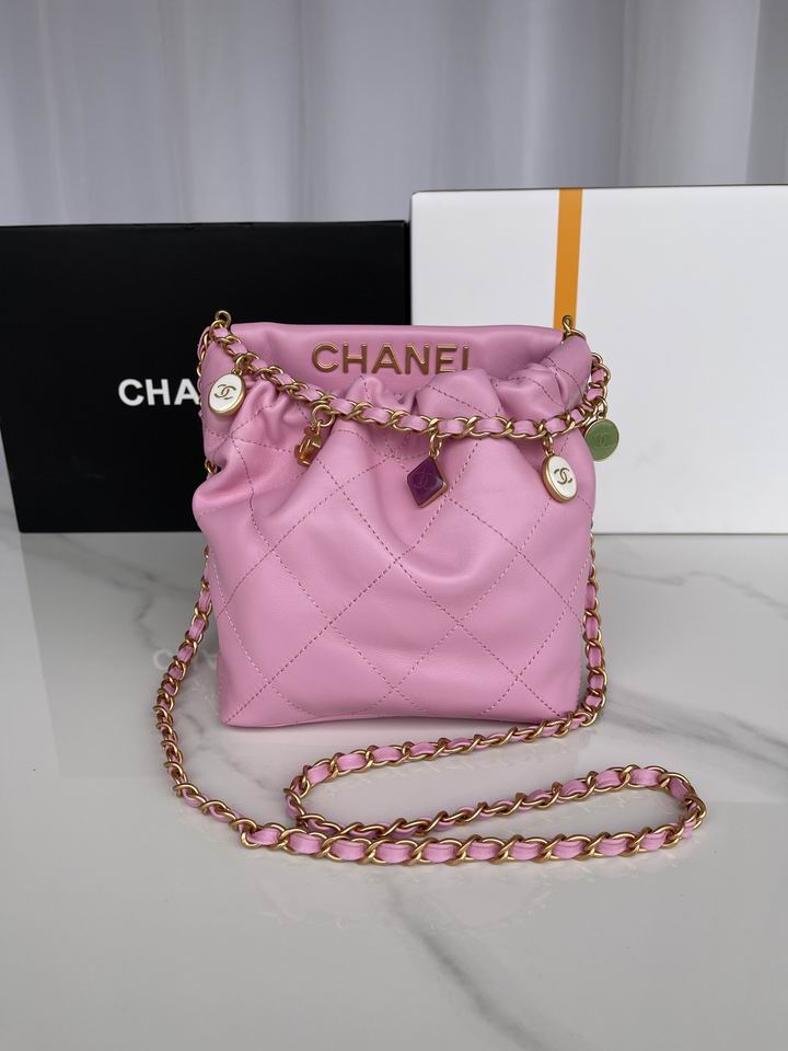 Chanel 22 Mini Drawstring Bucket Bag with Charms in Pink Quilted Leather