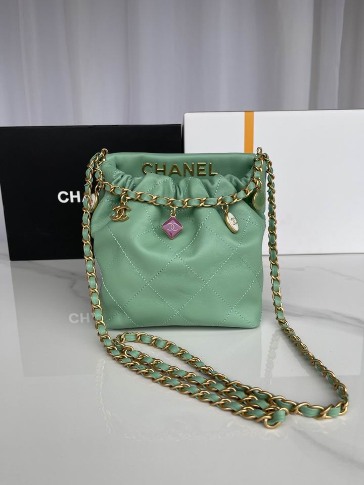 Chanel Mini Drawstring Bucket Bag with Charms in Mint Green Quilted Leather