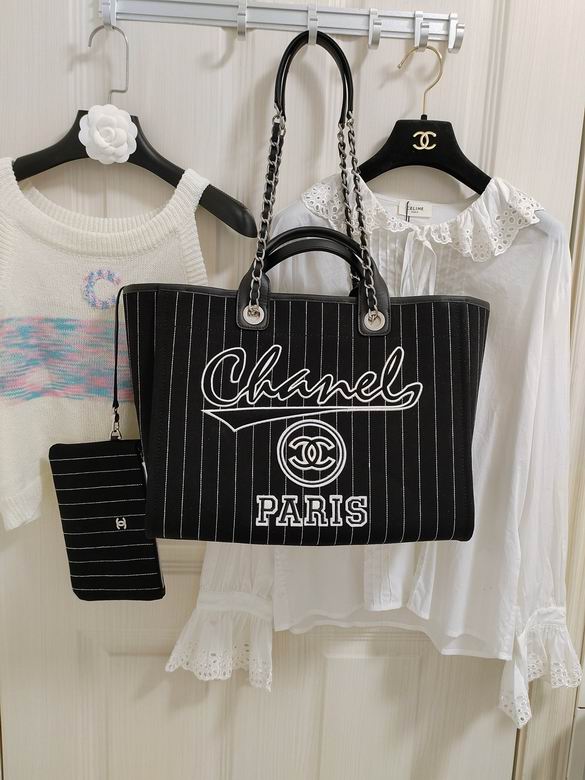 Chanel Deauville Large Tote in Black and White Pinstripe Canvas with Pouch