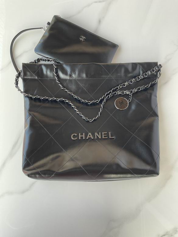 Chanel 22 Large Quilted Tote Bag with Chain Straps in Shiny Dark Grey Leather