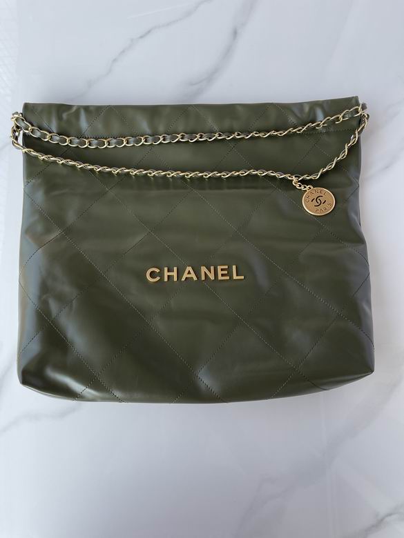 Chanel 22 Large Quilted Hobo Bag in Olive Green Leather with Gold Hardware