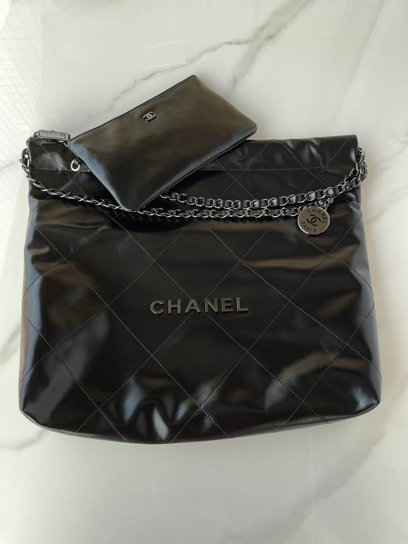Chanel 22 Large Quilted Chain Tote Bag in Black Shiny Calfskin with Pouch