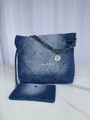 Chanel 22 Medium Tote Bag in Blue Quilted Denim with Chain Strap
