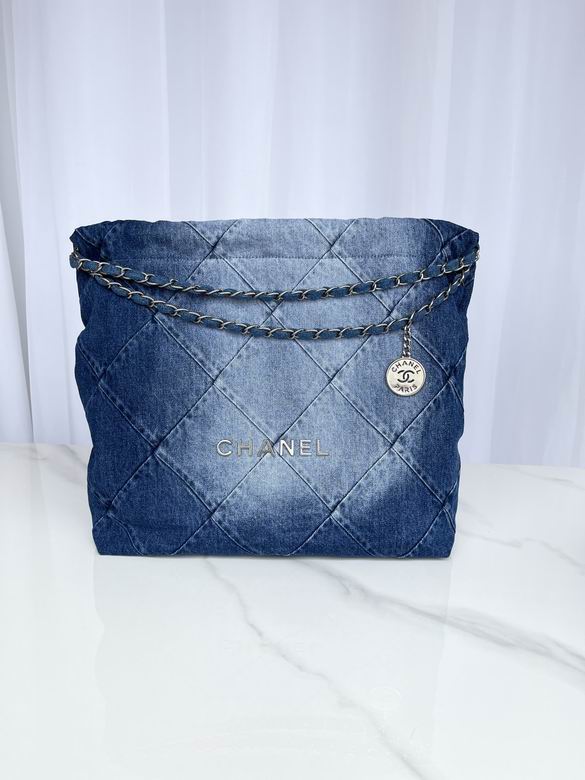 Chanel 22 Large Tote Bag in Blue Quilted Denim with Silver Chain