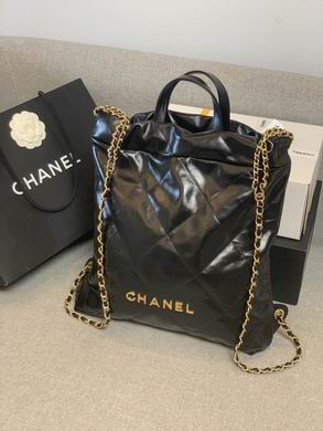 Chanel 22 Maxi Drawstring Tote Bag in Black Shiny Calfskin with Gold Hardware