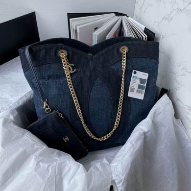 Chanel Denim Shopping Tote with Gold Chain Straps and Matching Pouch in Dark Blue