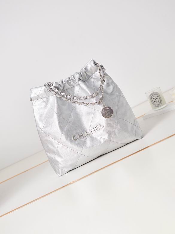 Chanel 22 Medium Drawstring Tote Bag in Silver Metallic Leather