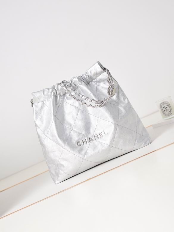 Chanel 22 Large Drawstring Tote Bag in Silver Metallic Calfskin