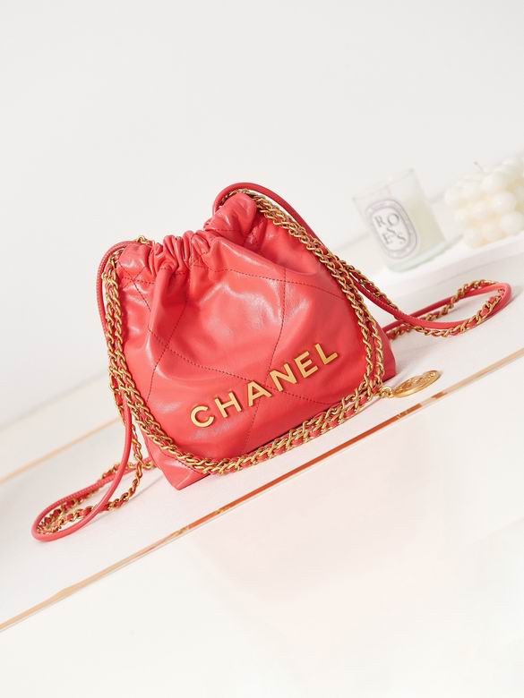 Chanel 22 Mini Drawstring Bag in Coral Red Shiny Calfskin with Gold Hardware