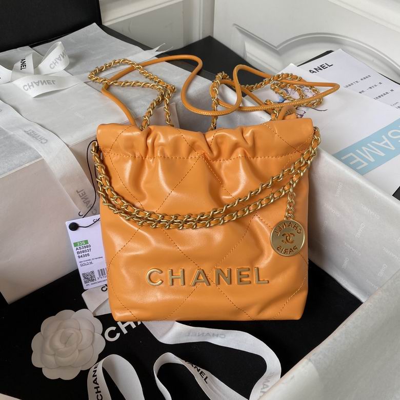 Chanel 22 Mini Drawstring Handbag in Orange Shiny Calfskin with Gold Hardware