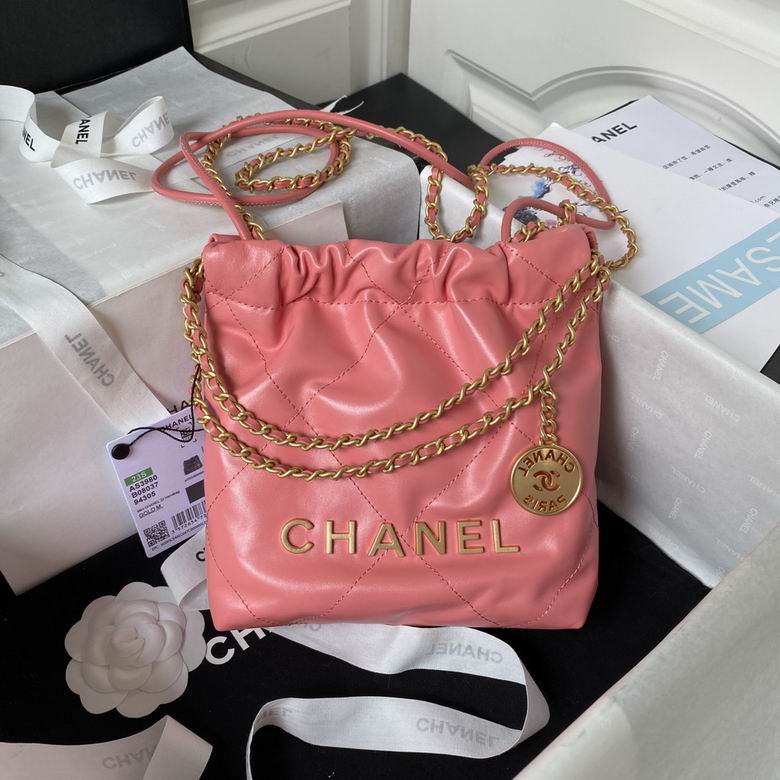 Chanel 22 Mini Drawstring Bag in Coral Pink Shiny Calfskin with Gold Hardware