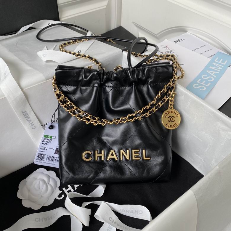 Chanel 22 Mini Drawstring Handbag in Black Shiny Calfskin with Gold Hardware
