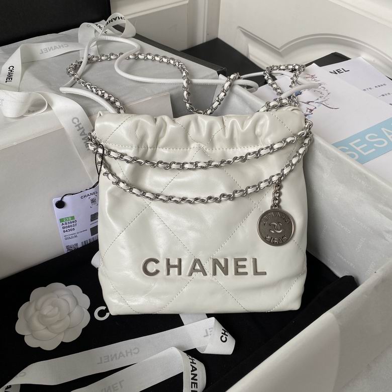 Chanel 22 Mini Drawstring Bucket Bag in White Quilted Leather, Silver Hardware