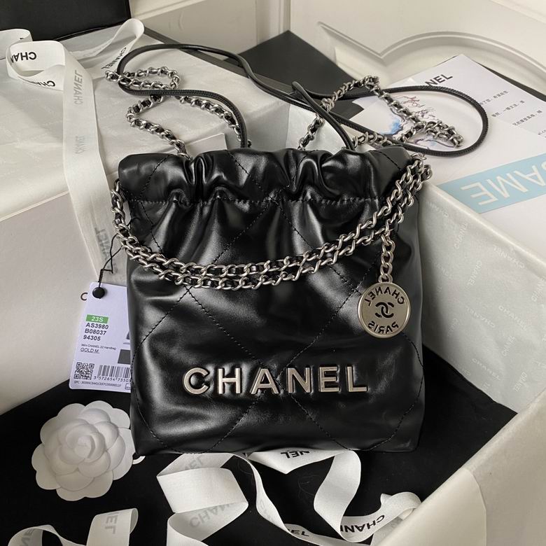Chanel 22 Mini Drawstring Bucket Bag in Black Shiny Calfskin with Silver Hardware