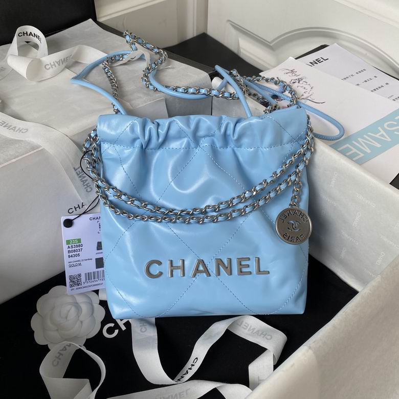 Chanel 22 Mini Handbag in Light Blue Shiny Calfskin with Silver-Tone Hardware