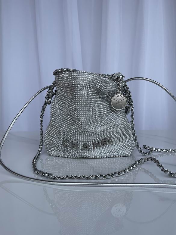 Chanel 22 Mini Bucket Bag in Silver Crystal Embellishment with Chain Strap