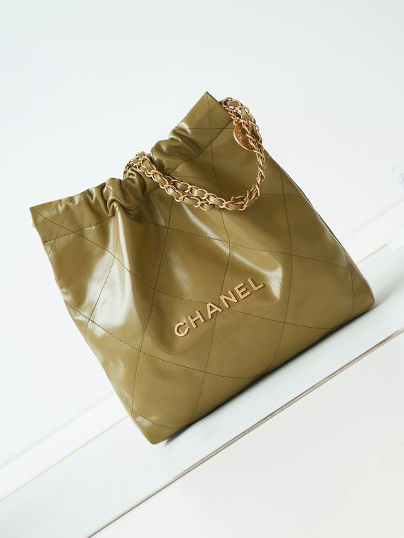 Chanel 22 Medium Drawstring Tote Bag in Olive Green Shiny Quilted Leather