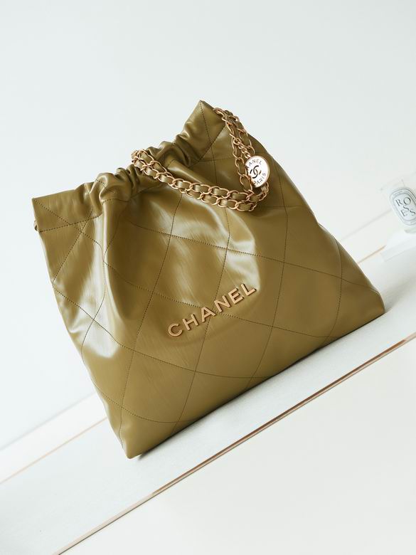 Chanel 22 Large Drawstring Tote Bag in Olive Green Quilted Leather