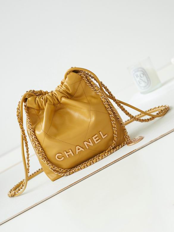 Chanel 22 Mini Drawstring Bucket Bag in Mustard Yellow Shiny Calfskin