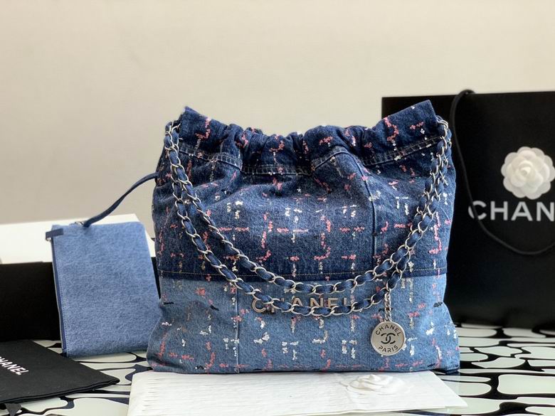 Chanel 22 Medium Drawstring Hobo Bag in Blue Denim with Tweed Detail