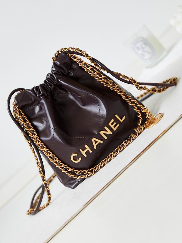 Chanel 22 Mini Drawstring Bucket Bag in Dark Brown Shiny Calfskin