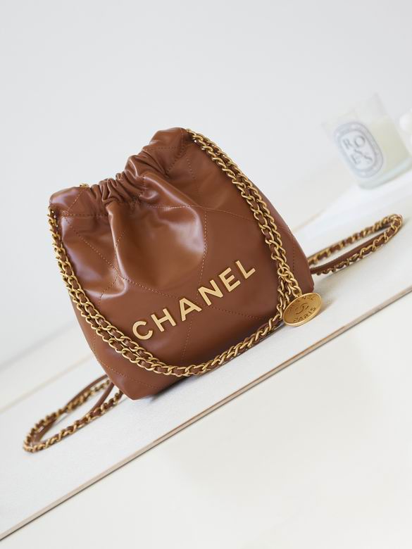 Chanel 22 Mini Drawstring Bucket Bag in Caramel Brown Leather with Gold Chain