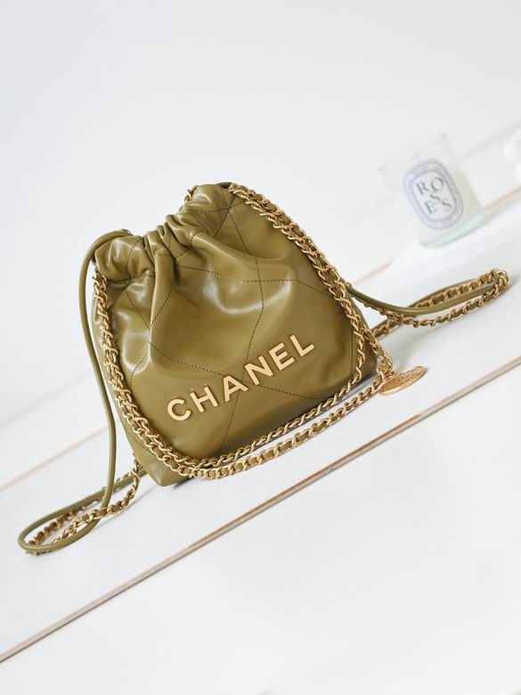 Chanel 22 Mini Drawstring Bucket Bag in Olive Green Shiny Calfskin