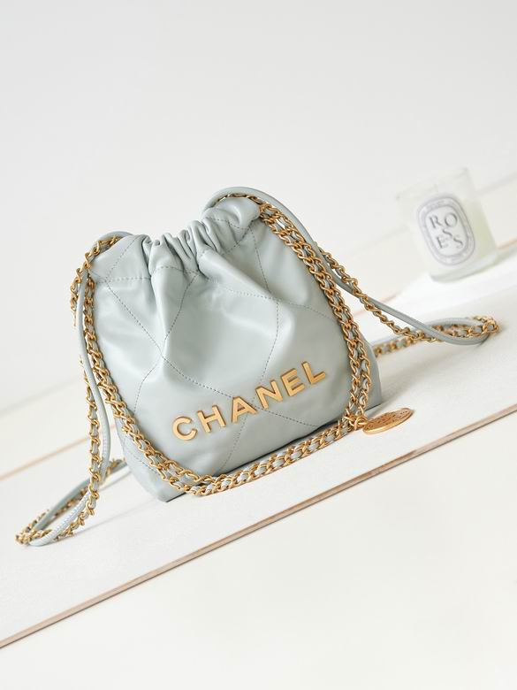 Chanel 22 Mini Drawstring Bucket Bag in Light Blue Calfskin with Gold Hardware