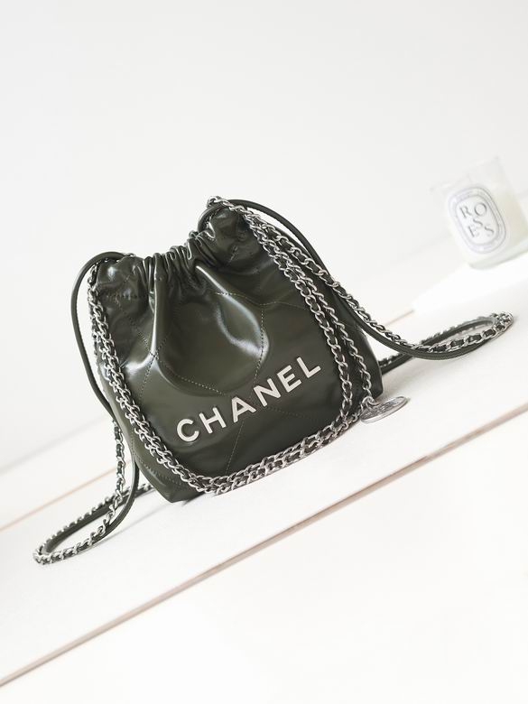 Chanel 22 Mini Drawstring Bucket Bag in Dark Green Shiny Calfskin