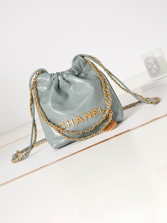 Chanel 22 Mini Drawstring Bucket Bag in Blue-Grey Shiny Calfskin, Gold Hardware