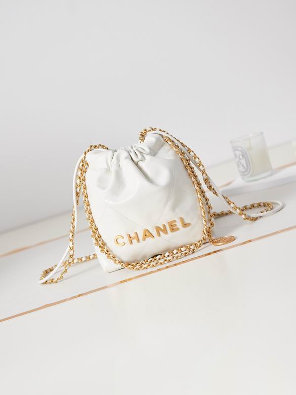 Chanel 22 Mini Drawstring Bucket Bag in White Leather with Gold Hardware