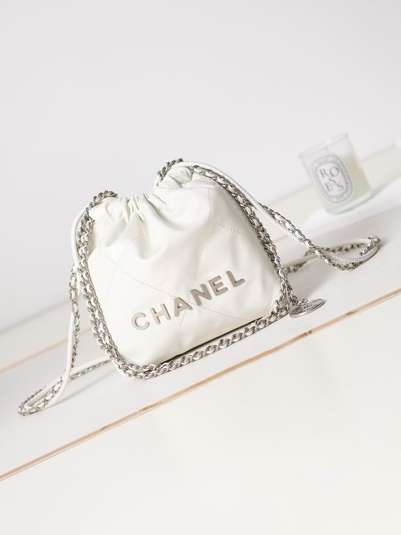 Chanel 22 Mini Drawstring Bucket Bag in White Leather with Silver Chain