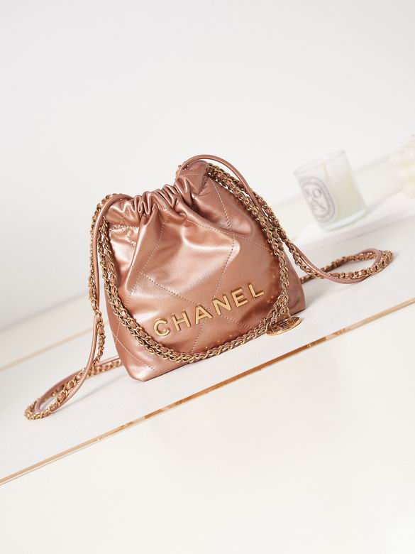 Chanel 22 Mini Drawstring Bucket Bag in Metallic Rose Gold Leather