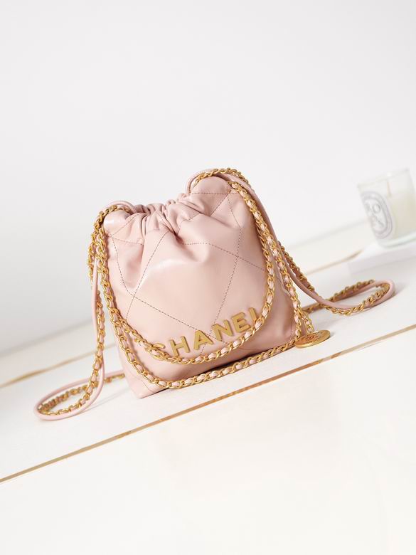 Chanel 22 Mini Drawstring Bucket Bag in Light Pink Calfskin with Gold Chain